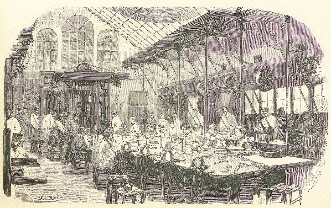 パリのクリストフル食器工場で働く銀細工師たち、パブ。1875年（彫刻）。 作： エドモンド・モリン