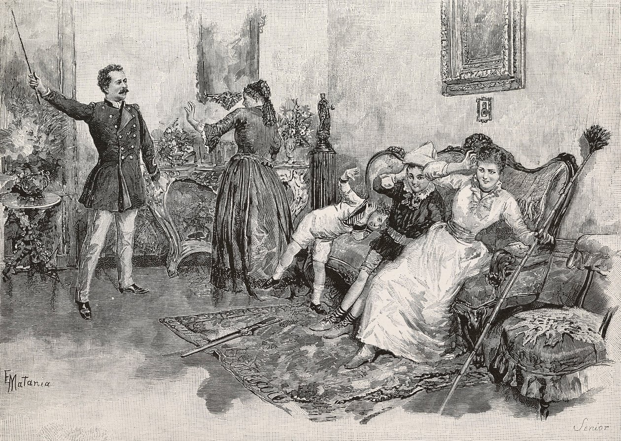 2 人の女性と 2 人の子供が脅迫的な男に怖がっており、Edoardo Matania のイラストから、Edmondo De Amicis (1846-1908) によるイタリアの軍事生活、L
