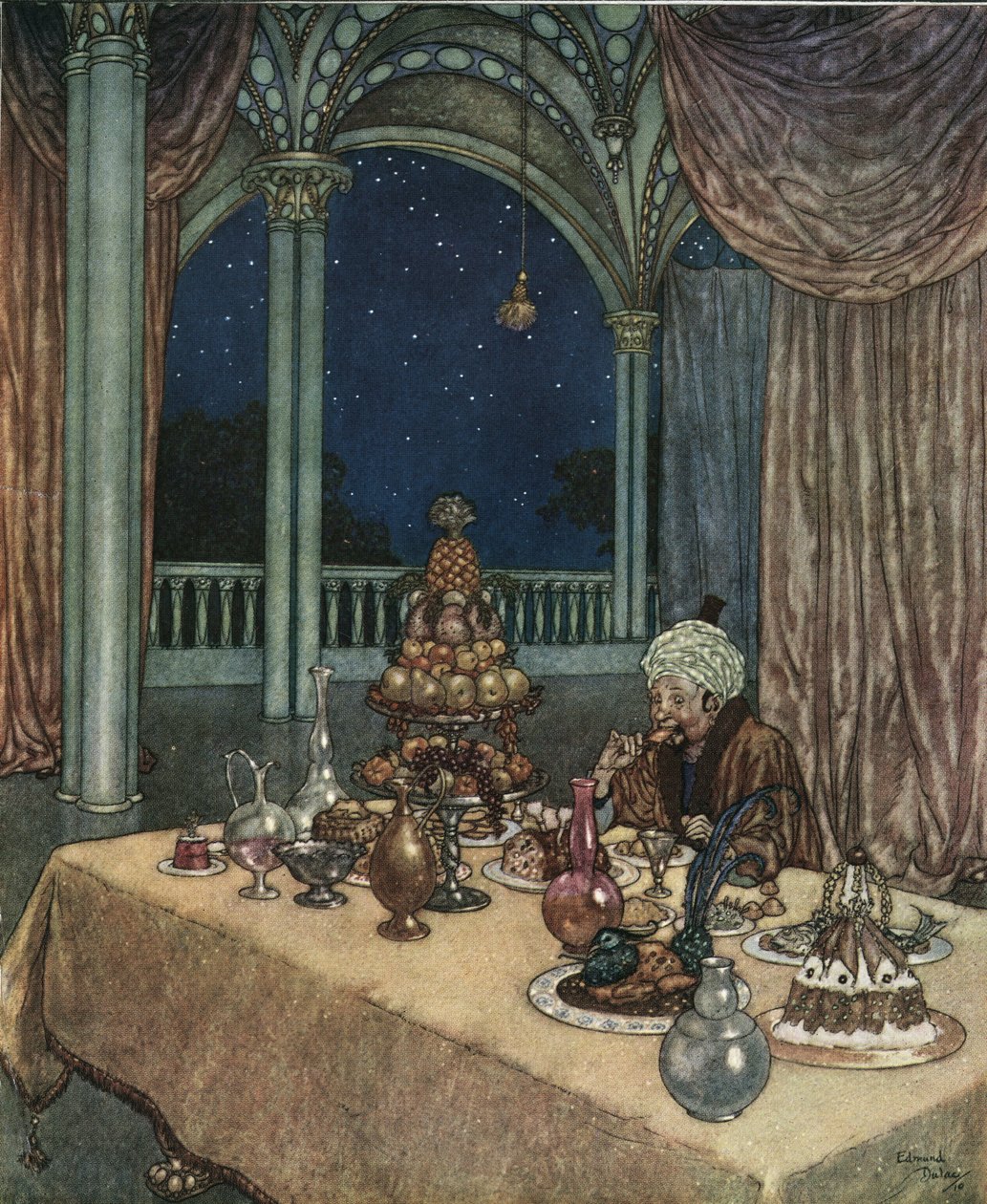 美女と野獣ベルの父親が城に到着すると、食卓にはたくさんの料理が並ん