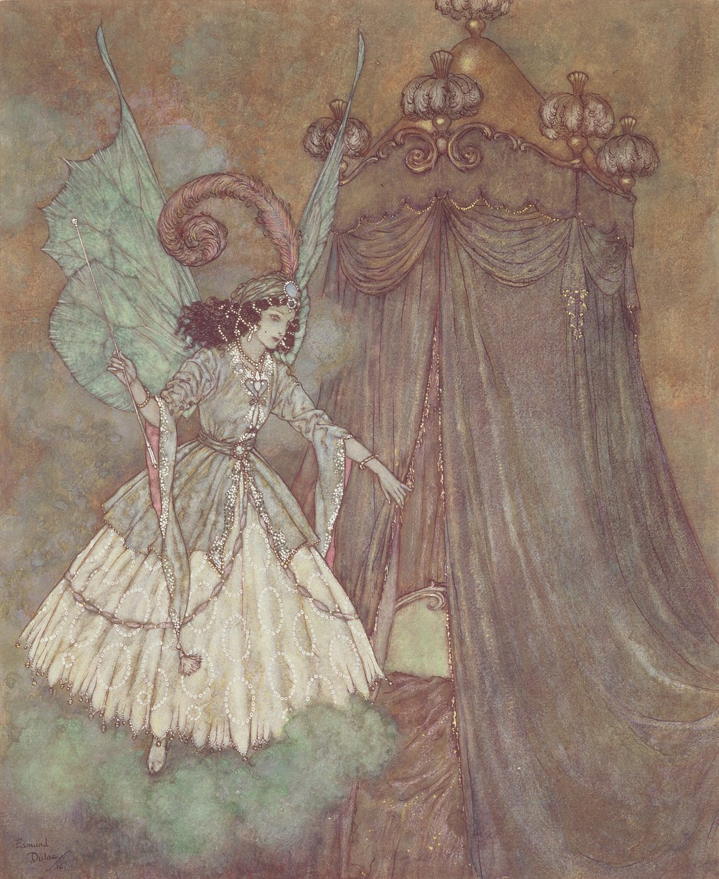 美女と野獣』の挿絵「彼女は、風格のある美しい女性と向かい合っていることに気づいた」。 作： エドマンド・デュラック