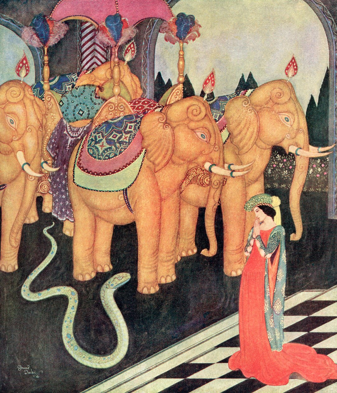 グランミアが見知らぬ恋人を見たとき、彼女だけは冷静で勇気を保っていた」、イタリア童話「蛇の王子」の挿絵、エドマンド・デュラックのフェアリーブックより：エドマンド・デュラック『フェアリー・ブック：連合国の童話』（1916年刊）より。 作： エドマンド・デュラック