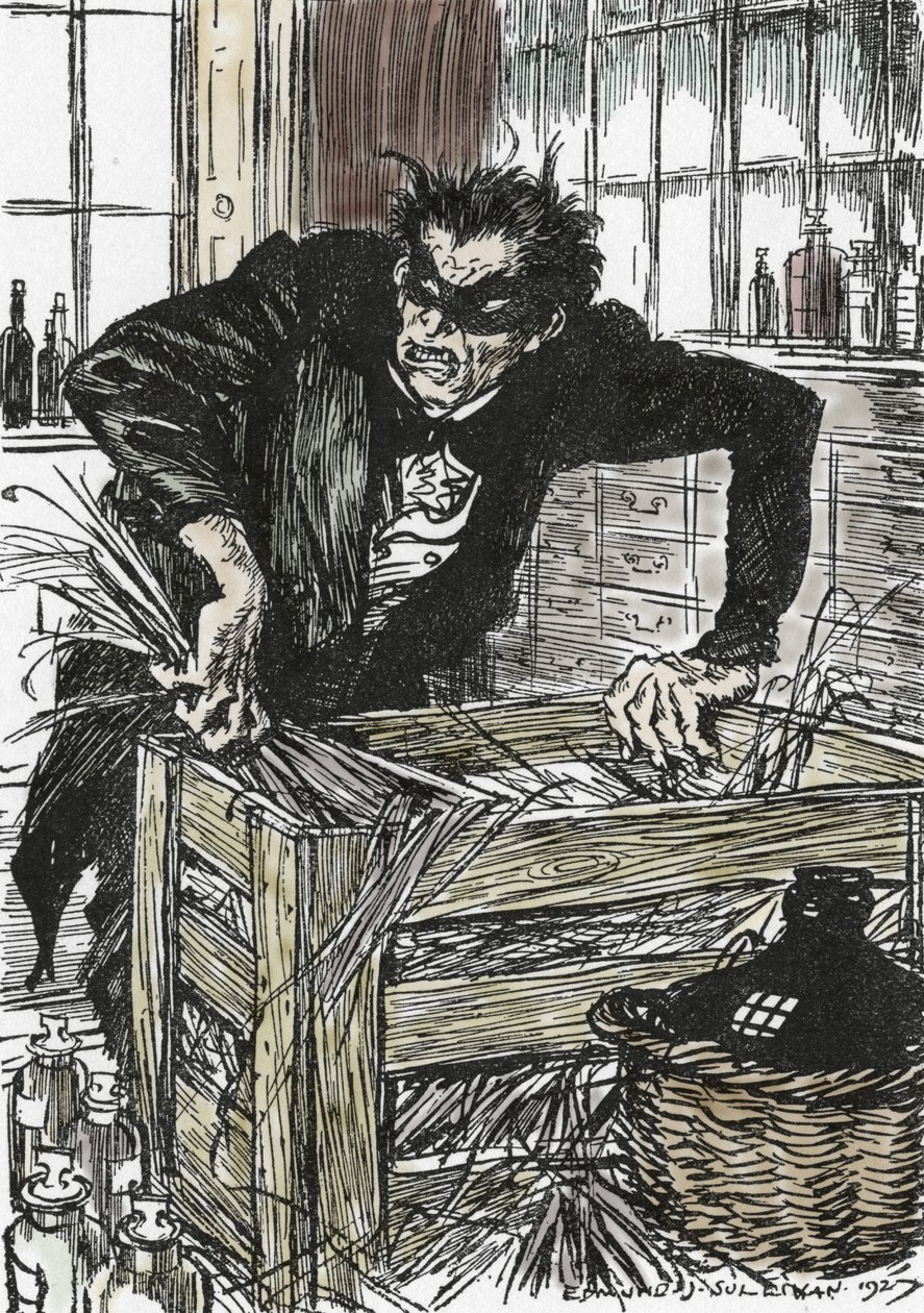 Tohtori jekyll etsii epätoivoisesti jauhoja, jotka antavat hänelle mahdollisuuden hävetä herra Hyden hahmoaan, kuvitus Edmund Joseph Sullivanin (1869-1933) romaanille L