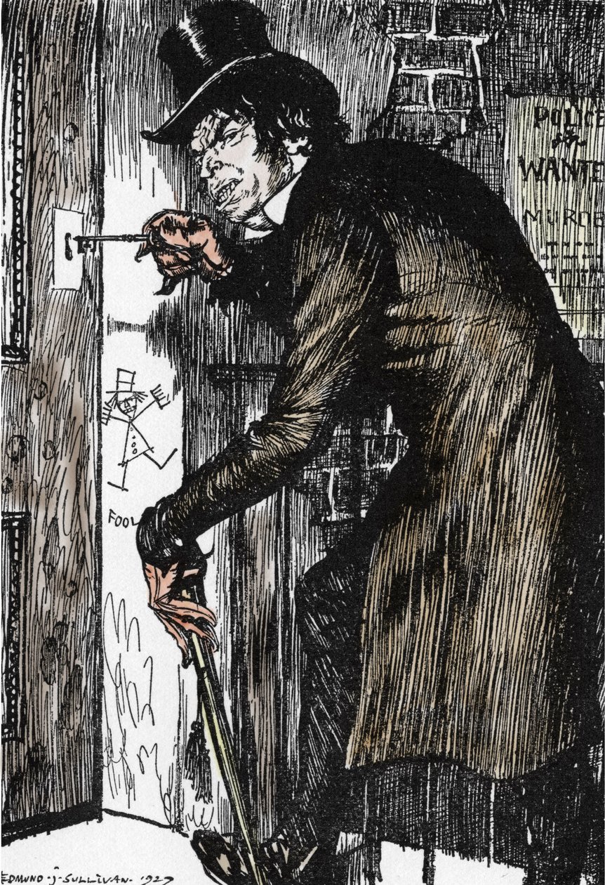 Mr Hyde volta para casa após uma noite de aventuras para tomar o antídoto e retomar a aparência do Dr. Jekyll, Ilustração de Edmund Joseph Sullivan (1869-1933) para o romance L