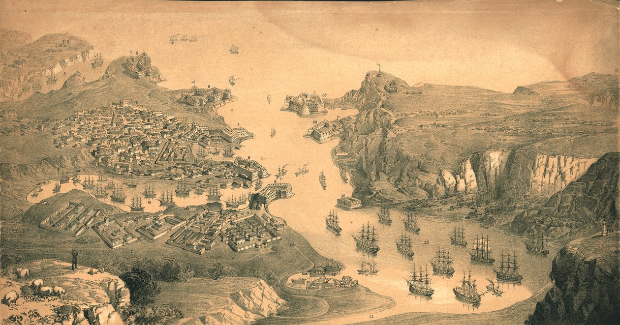 セバストポルの町、砦、港、1854年 作： エドマンド・ウォーカー