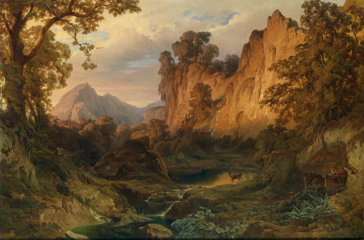 エドムント・フォン・ヴェルンドル 夕日に照らされたロマンティックな風景 1859年 作： エドマンド・フォン・ヴェルンドル
