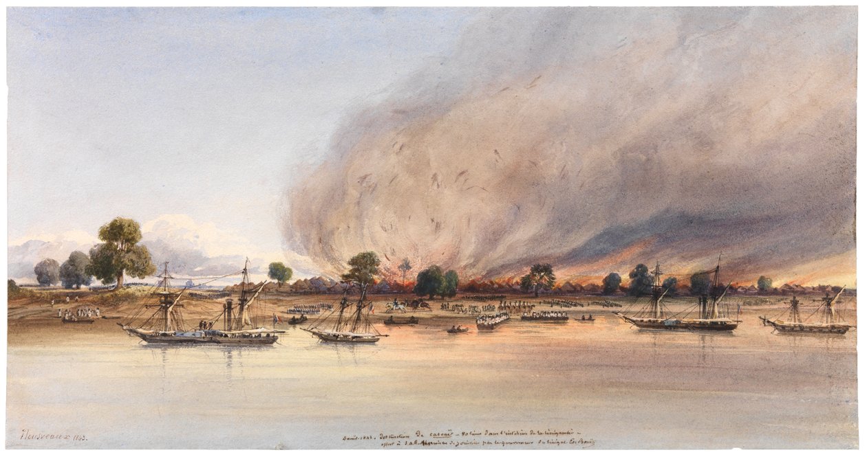 1843年、セネガルのカスカスの町の破壊 作： エドゥアール・オーギュスト・ヌスヴォー