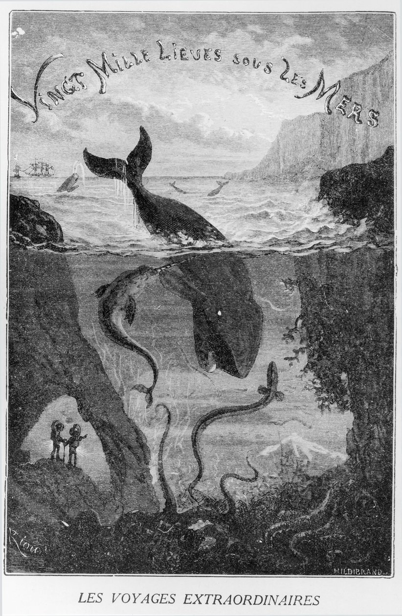 アンリテオフィルヒルディブランド（1824-97）によって刻まれたジュールヴェルヌ（1828-1905）による「海底20,000リーグ」の表紙イラスト 作： Edouard Riou