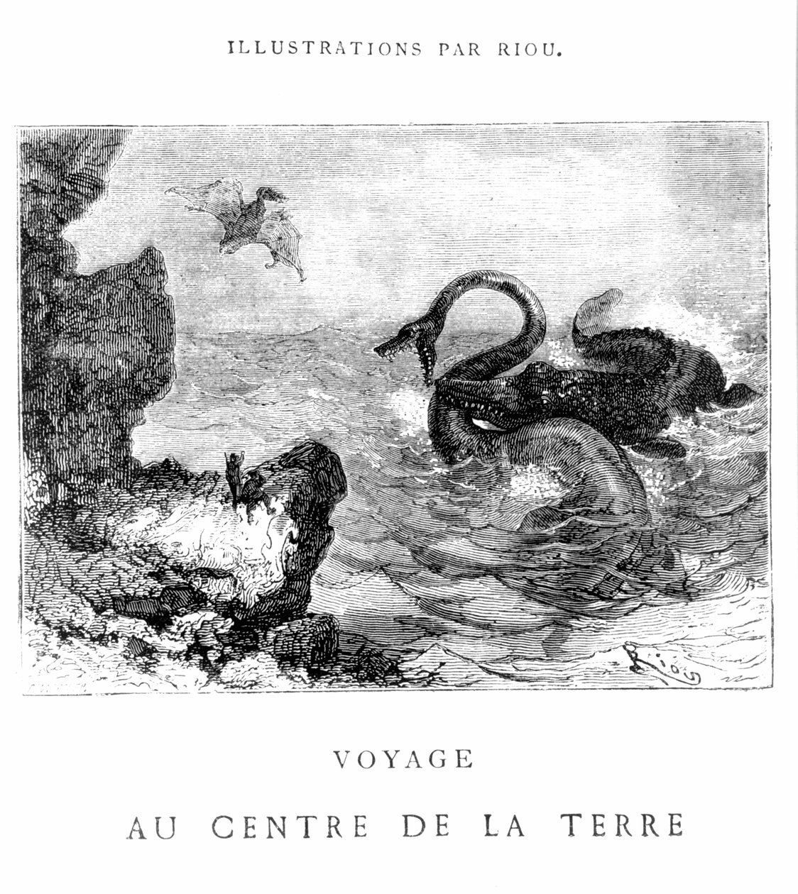 19世紀のJ.Hetzelが出版したPannemakerによって刻まれた、ジュールヴェルヌ（1828-1905）による「航海オセンターデラテール」のイラスト 作： Edouard Riou