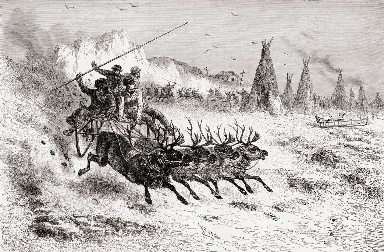 1878年にトナカイが引いたそりに乗ったカボローバのサモエド 作： Edouard Riou