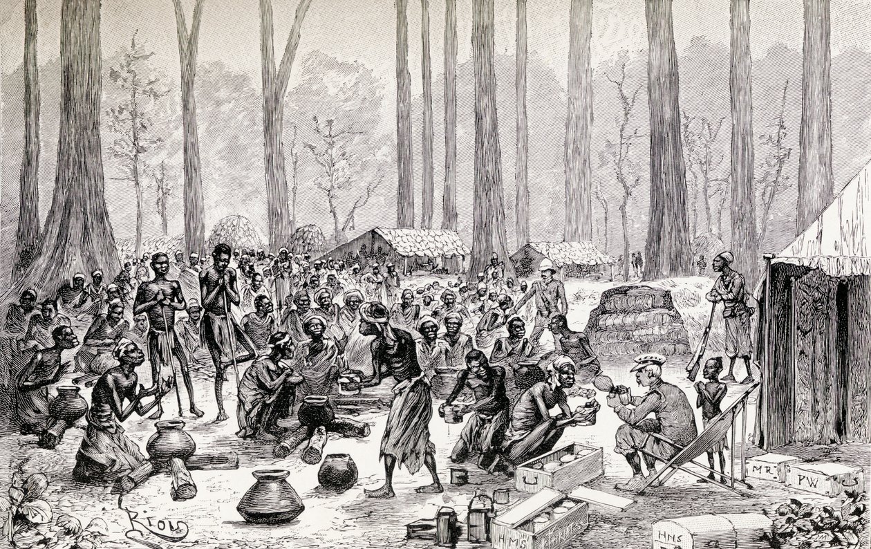 飢餓状態のピグミー原住民にスープに牛乳とバターを提供するスカウト、1890年（木の彫刻） 作： Edouard Riou