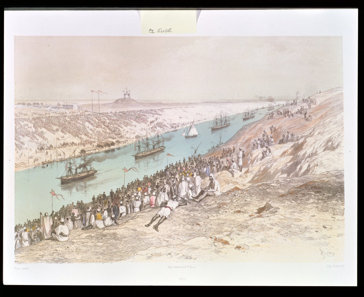 ジュールディディエ（1831-c.80）1869-70によって彫刻された、マリウスフォンターネの「航海ピトレスクトラバーl&39;Isthme deスエズ」からの1865年のエルギスルでのスエズ運河の就任式 作： Edouard Riou