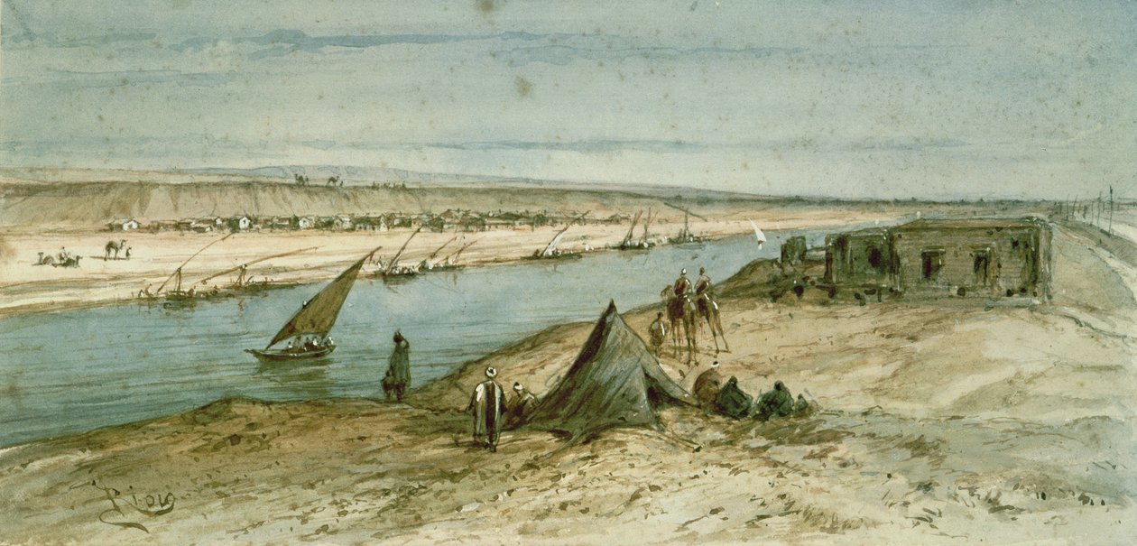 1869年の就任式での皇后ユージニーの航海（1827-1920）を記念した記念アルバムからのスエズ運河 作： Edouard Riou