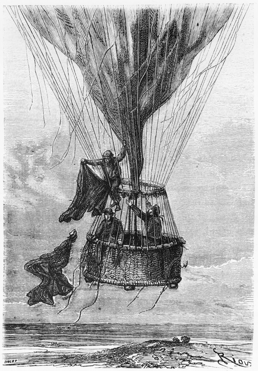 ゴンドラの3人の男性、ジュールヴェルヌ（1828-1905）による「5週間のバルーン」のイラスト 作： Edouard Riou