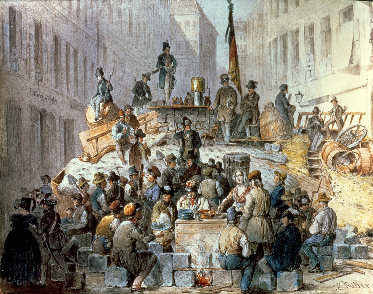1848年、ウィーンのマルツシュトラーセのバリケード 作： エドゥアール・リッター