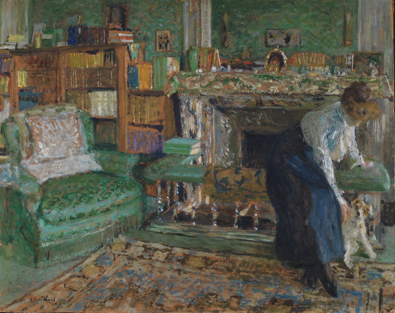 犬と一緒に彼女のアパートでマルグリットシャピン、1910年（ミルボードに油彩） 作： エドゥアール・ヴィラード
