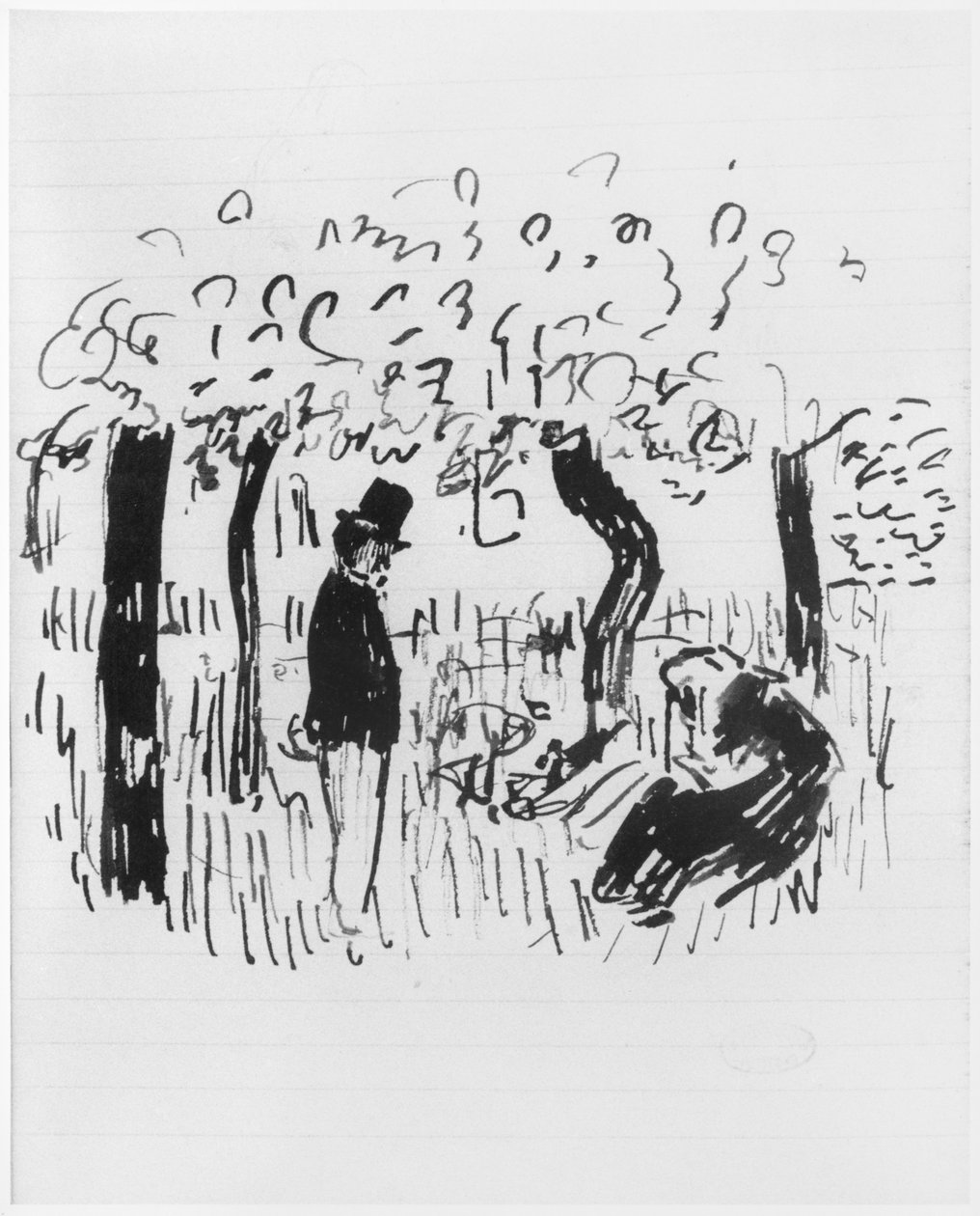 スケッチブックのページ、1890〜1940年（罫線入り用紙のペンとインク） 作： エドゥアール・ヴィラード