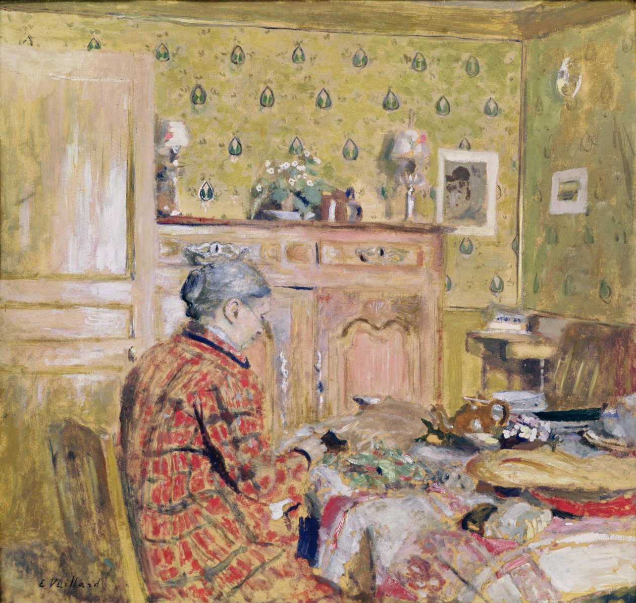 朝食をとるアーティストの母、1899-1904（カードに油彩） 作： エドゥアール・ヴィラード
