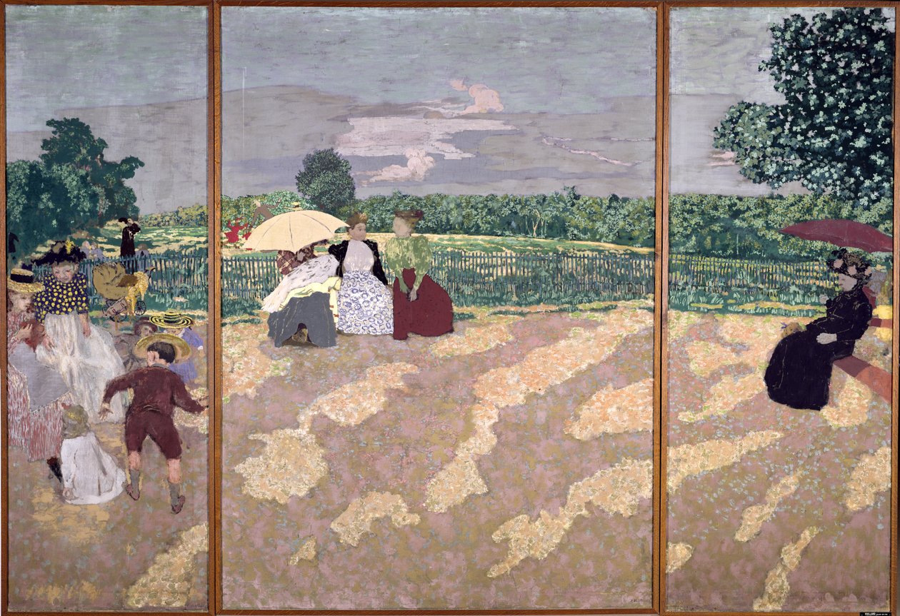 The Public Gardens：The Nurses、The Conversation and the Red Umbrella、1894（キャンバス上のジステンパー） 作： エドゥアール・ヴィラード