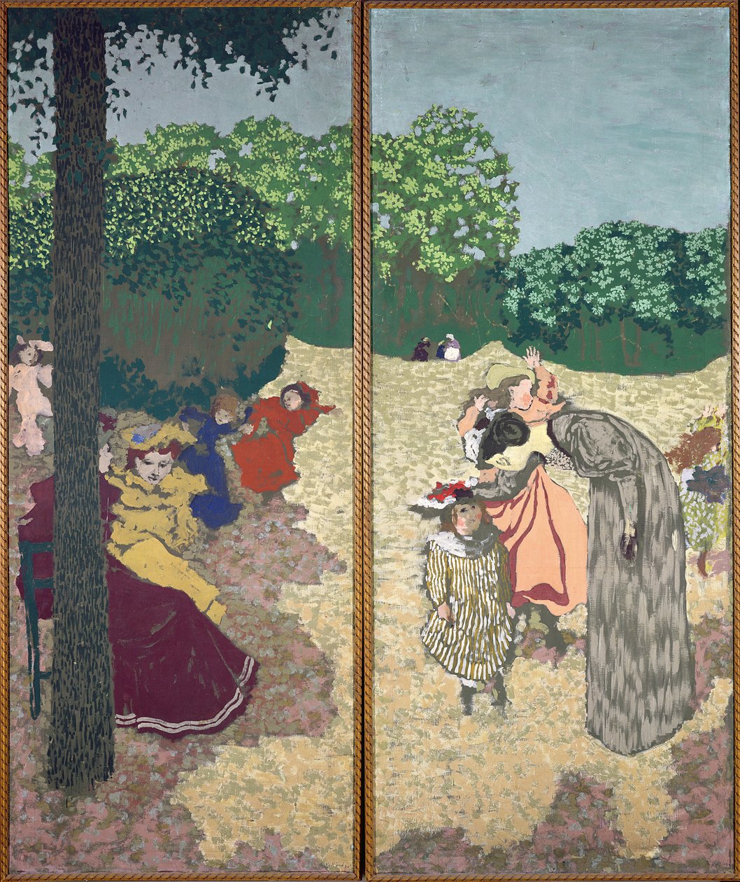 パブリックガーデン：遊ぶ若い女の子と尋問、1894（キャンバス上のジステンパー） 作： エドゥアール・ヴィラード