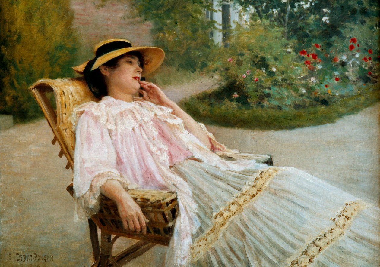 テラスでの仮眠マダム・エドゥアール・ドバット・ポンサン。エドゥアール・ドバット・ポンサン（1847-1913）の絵画 作： エドゥアール・デバット・ポンサン