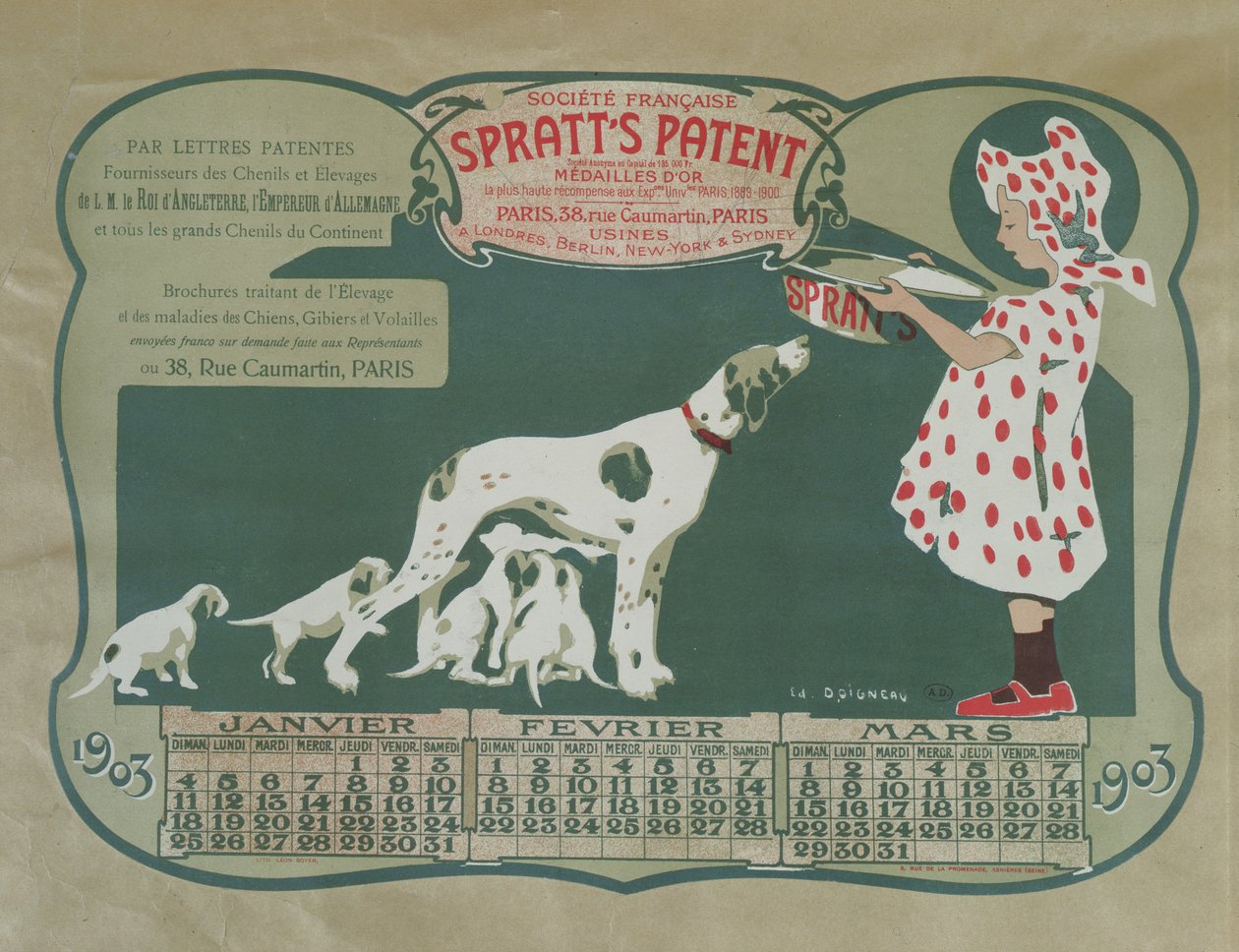 スプラットの特許ドッグフードを宣伝するカレンダーの表紙。1903年（カラーリトグラフ） 作： エドゥアール・ドワニョー