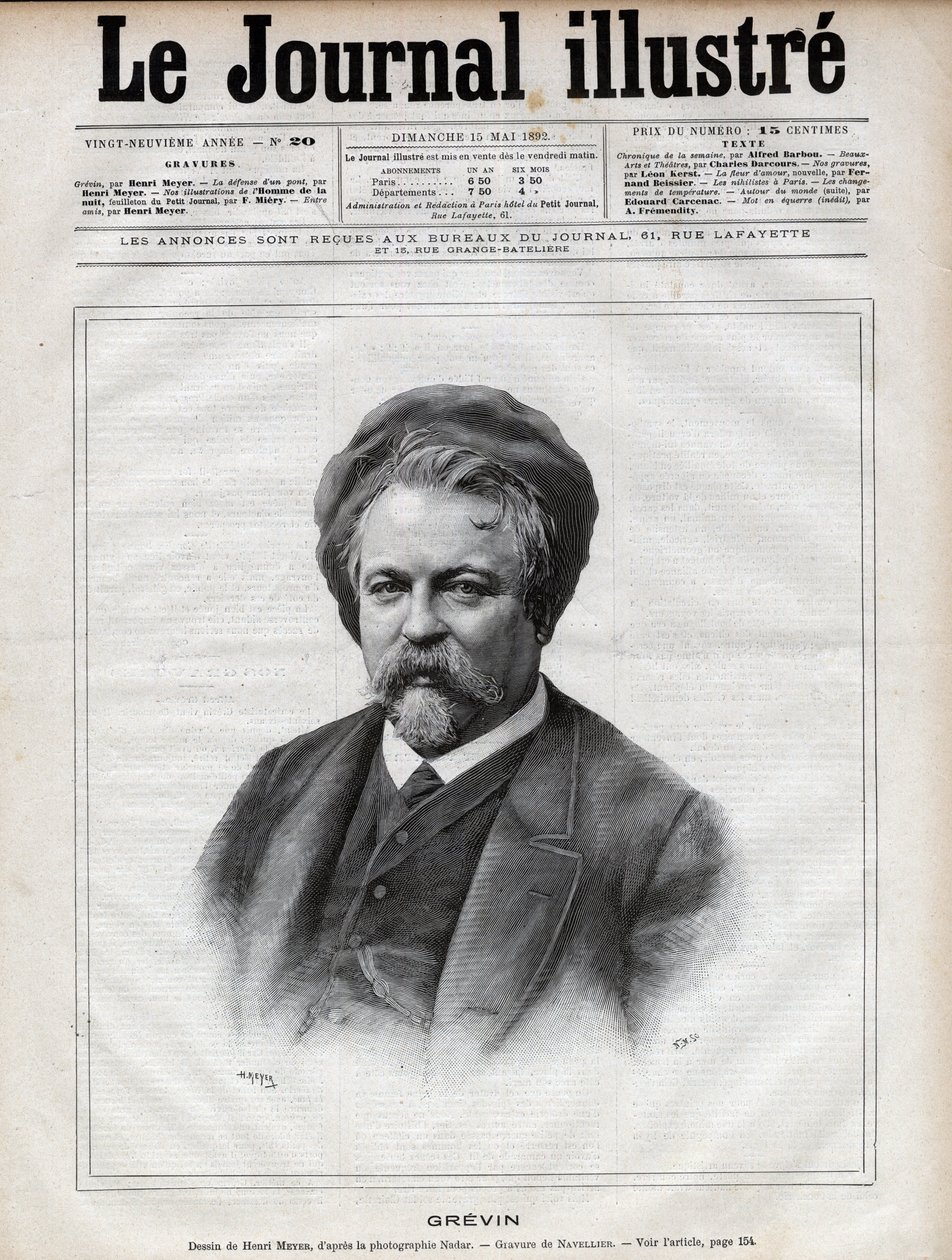 アルフレッド・グレヴァン（1827-1892）彫刻家、漫画家、漫画家、フランスの劇場衣装デザイナー - 1892年の「The Illustrous Journal」に掲載されたナダールの写真をもとに、ナヴェリエがエングレーヴィングしたもの。 作： Edouard Felicien Eugene Navellier