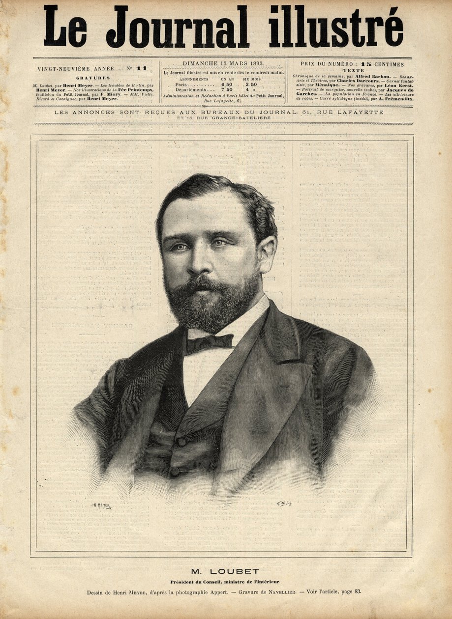 1892年のエミール・ルベ（1836-1929）（評議会議長、内務大臣） 1892年の「The Illustrous Journal」に掲載されたナヴェリエの版画版 作： Edouard Felicien Eugene Navellier