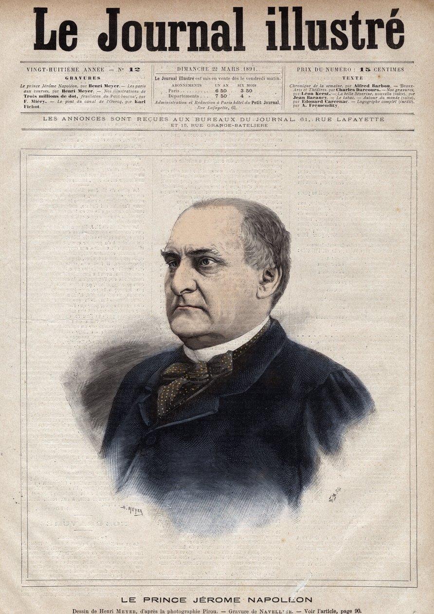 Jerome Bonaparte dit Plon (Plonplon) (1822-1891) (Napoleon-Jerome Bonaparte または Prince Jerome Napoleon), Jerome Bonaparte (1784-1860)の息子 - 1891年の「The Illustrous Journal」に掲載されたNavellierによるエングレーヴィング。 作： Edouard Felicien Eugene Navellier