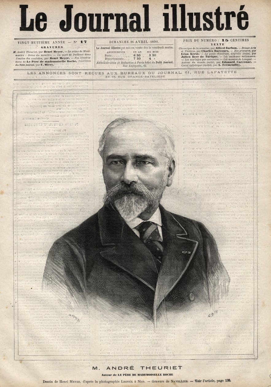 フランスの小説家、詩人、学者であるアンドレ・テューリエ（1833-1907）の肖像 - 1891年の「Le journal illustrious」に掲載されたナヴェリエによるエングレーヴィング。 作： Edouard Felicien Eugene Navellier