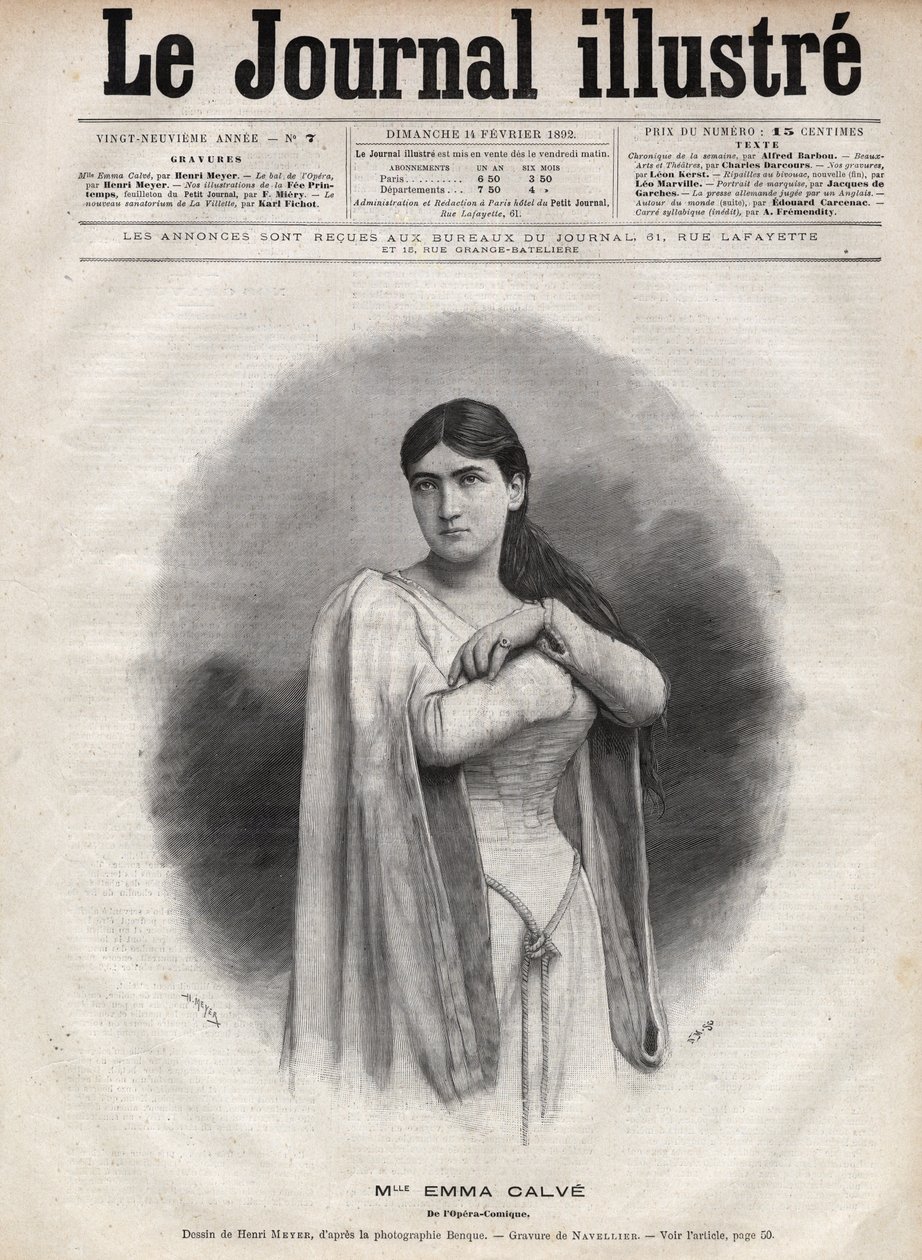 フランスのソプラノ歌手、エマ・カルヴェ（Rosa Noemie Emma Calvet de Roquet, dit）（1858-1942）の肖像 - 1892年の「The Illustrous Journal」に掲載されたナヴェリエによるエングレーヴィング。 作： Edouard Felicien Eugene Navellier