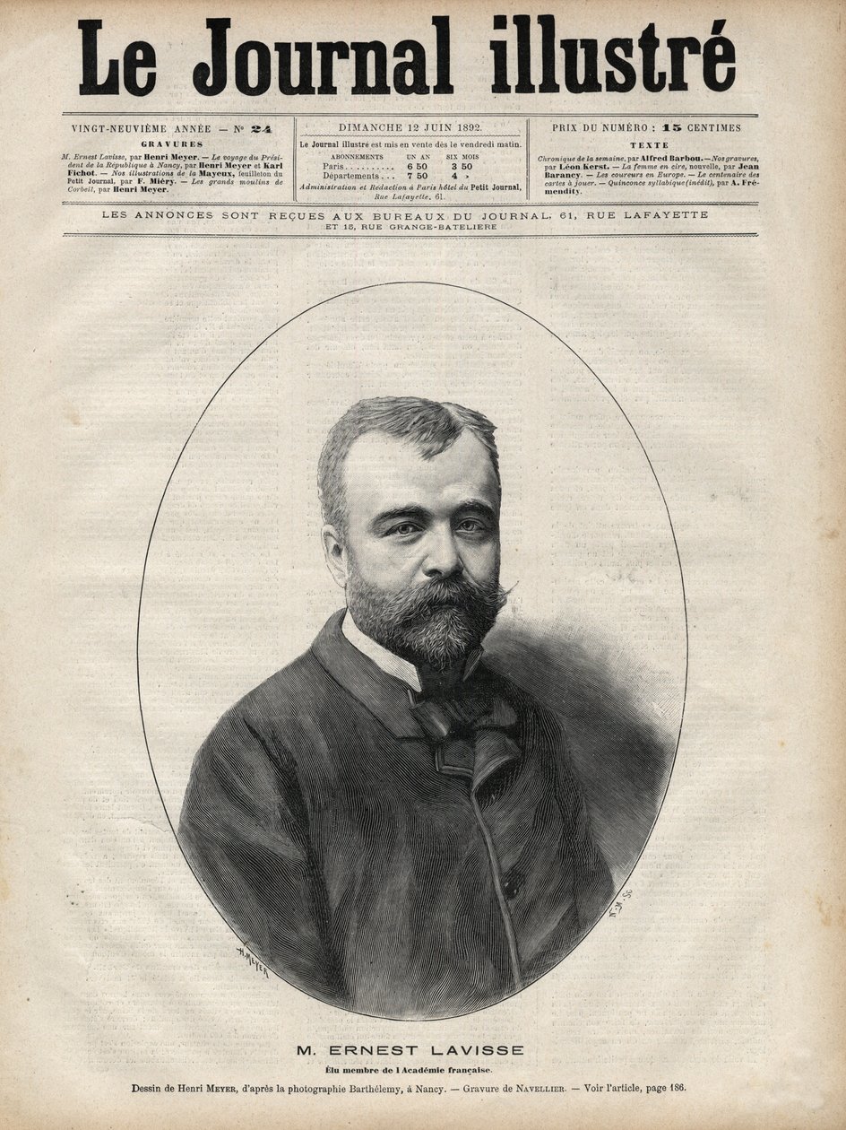 フランスの歴史家・学者であるアーネスト・ラヴィース（1842-1922）の肖像 - 1892年の「Le journal illustrious」に掲載されたナヴェリエによるエングレーヴィング。 作： Edouard Felicien Eugene Navellier