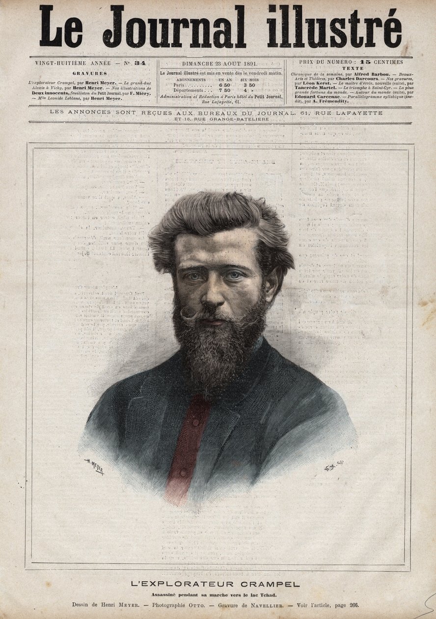 中央アフリカのフランス人探検家、ポール・クランペル（1864-1891）の肖像 - 1891年の "The Illustrous Diary "に掲載されたNavellierによるエングレーヴィング。 作： Edouard Felicien Eugene Navellier