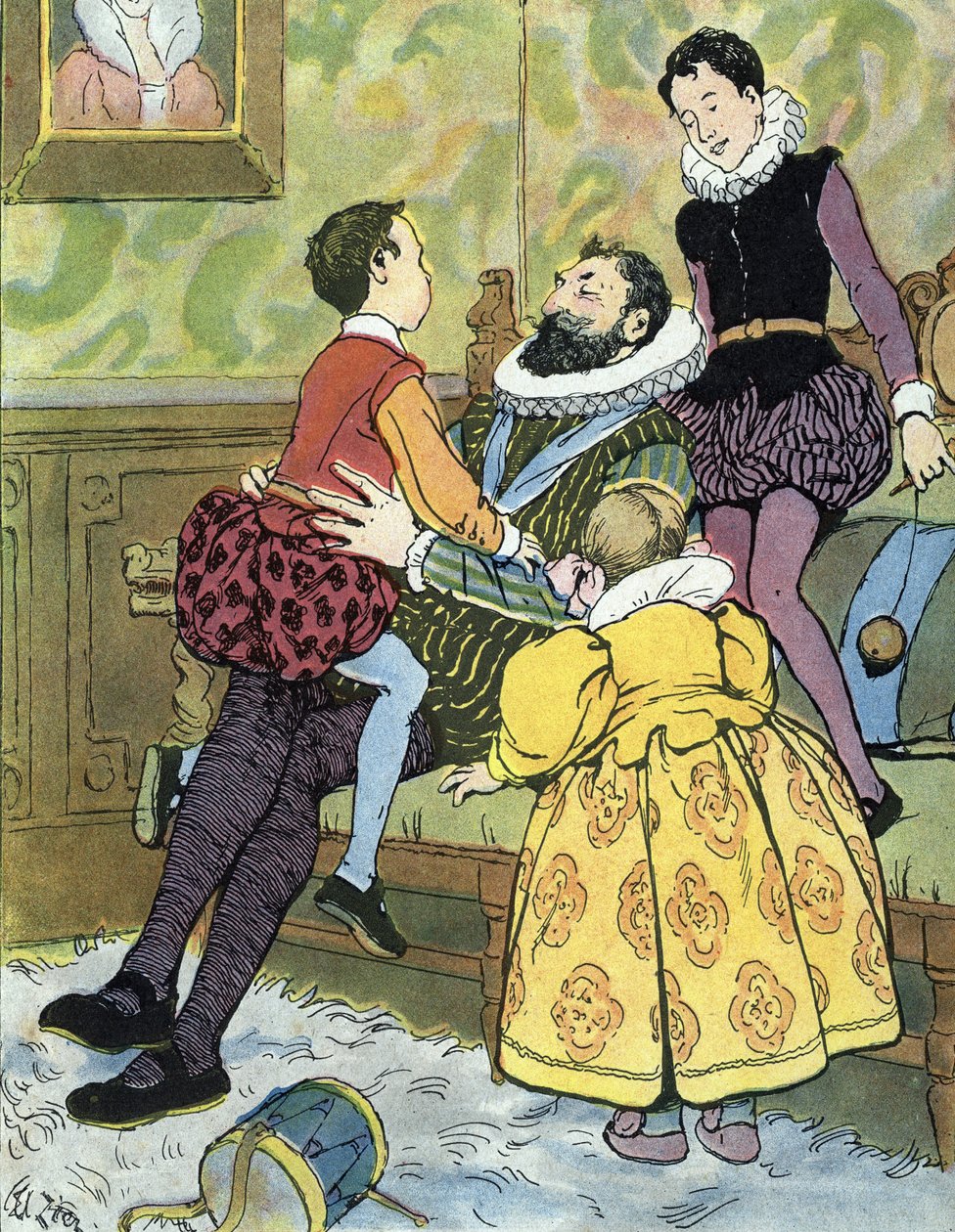 子供たちと遊ぶフランス国王アンリ 4 世 (1553-1610) 「Nos-Gloriers-Nationales」での Edouard Zier によるイラスト 1920 Collection Privee 作： エドゥワール・フランソワ・ジエ