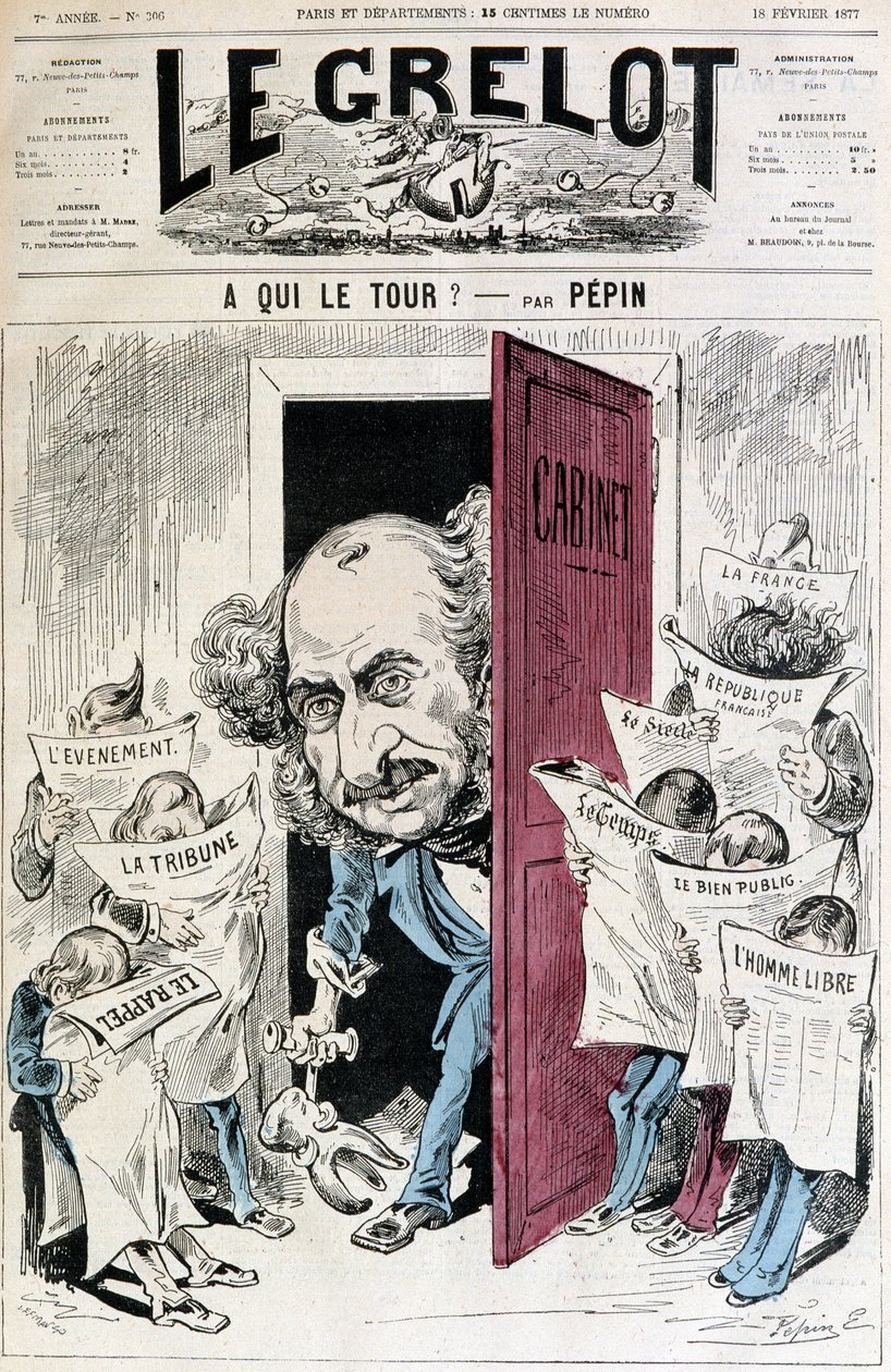 (新聞の検閲に関する漫画） - 1877年2月18日付「Le Grelot」に掲載されたPépinによるもの。 作： エドゥアール・ギヨマン・ペパン