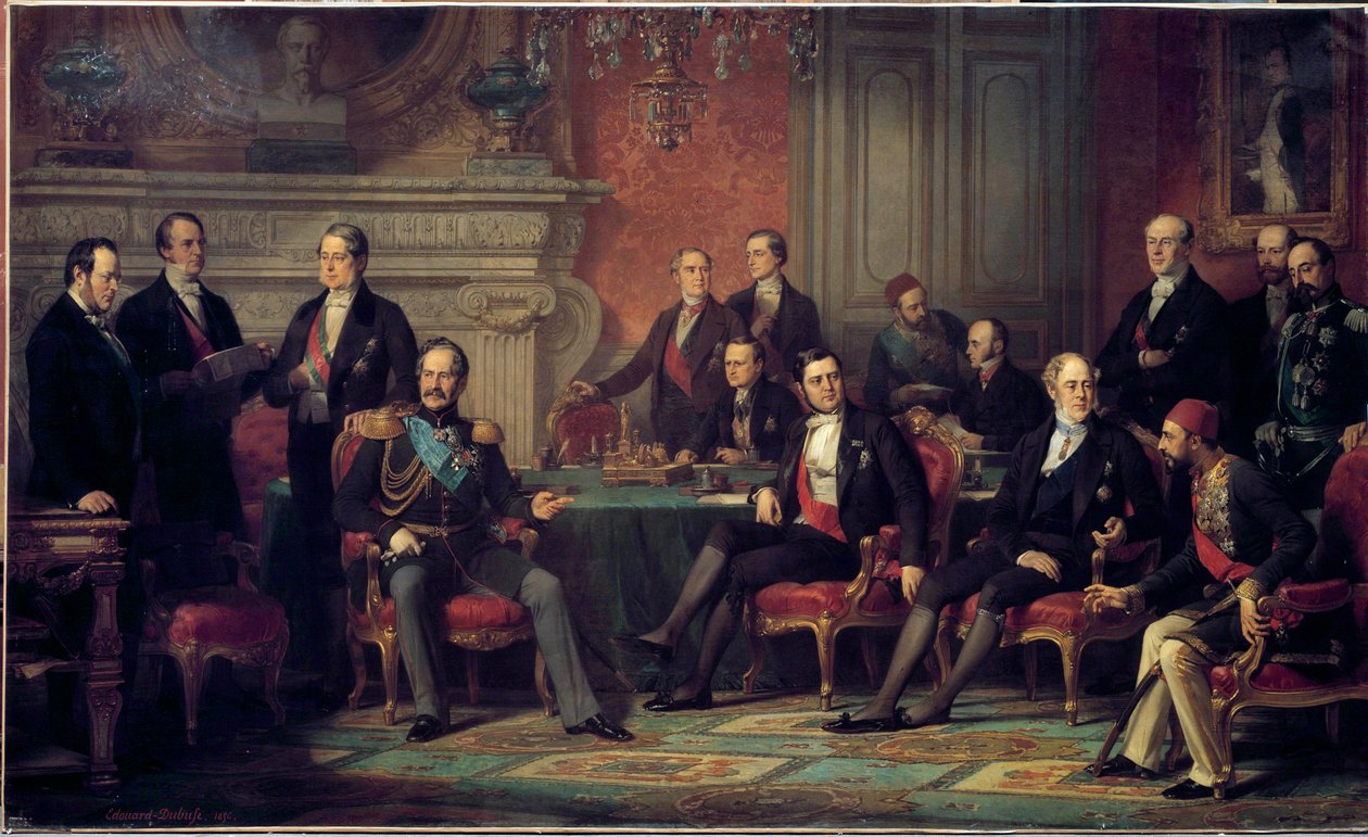1856年2月25日から3月30日までのパリ会議は、クリミー戦争の終結に伴い、ナポレオン3世がヨーロッパ諸国の外務大臣を集めて開催したものです。Edouard Louis Dubufe (1820-1883)による絵画。1856年日。3,08 x 5,10 m 作： エドゥアール・ルイ・デュブフェ