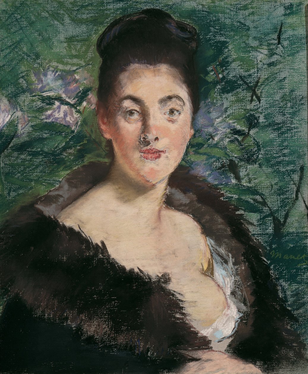 毛皮のコートの女性、c。 1880年。 作： エドゥアールマネ