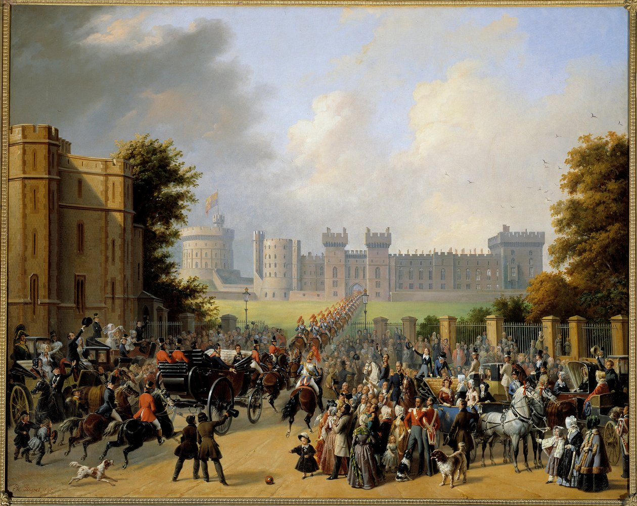 ルイ・フィリップ1世（1773-1850）によるウィンザー城への到着 1844年8月10日 エドゥアール・ピングレ（1788-1875）による絵画 1845年 日1,28x1,6 m 作： エドゥアール・パングレ