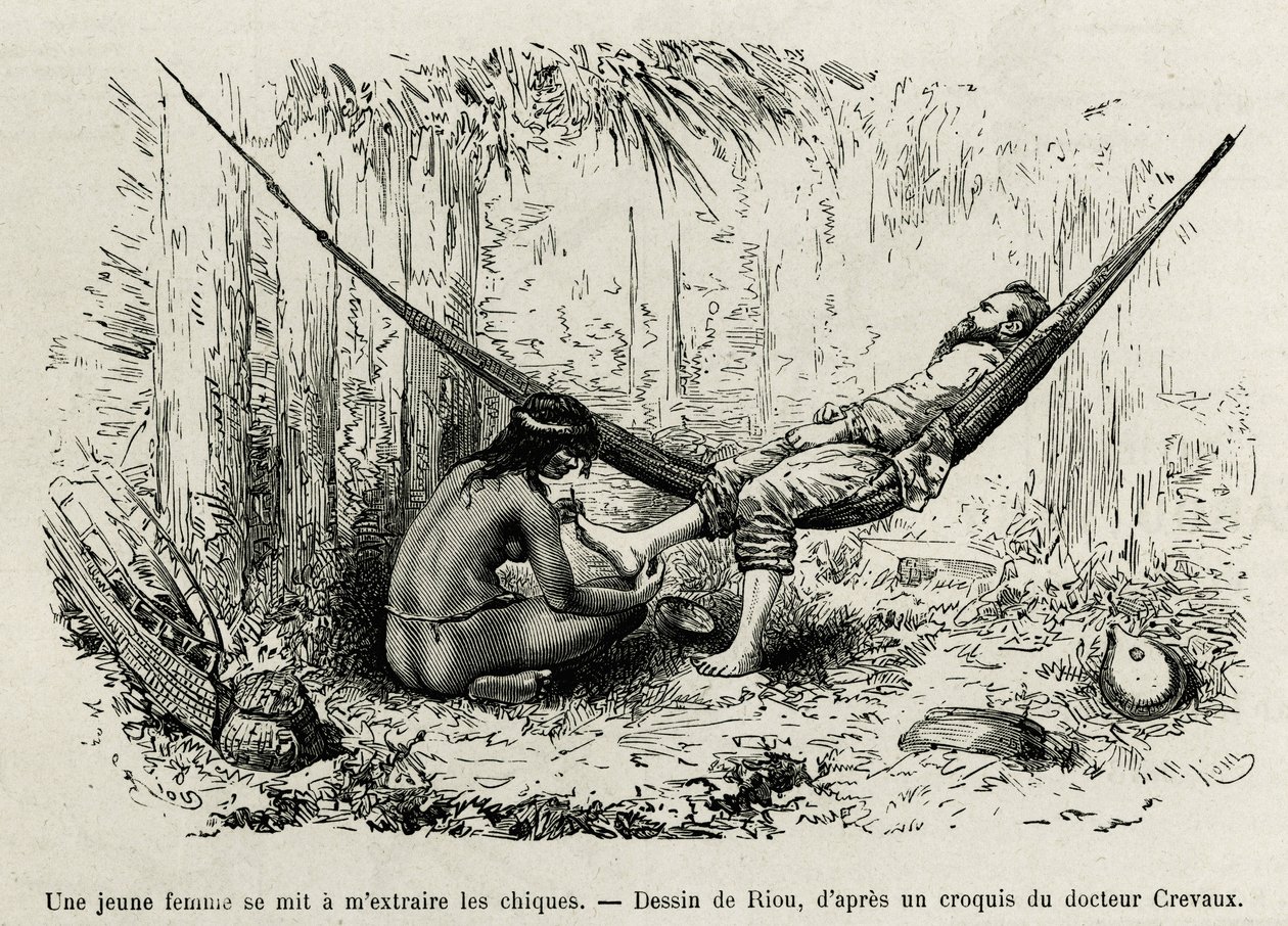 Eine junge Roucouyan-Frau entfernt die Dornen, die sich während der Nacht in die Füße des Entdeckers gebohrt haben. Gravur von Riou, zur Illustration der Geschichte De Cayenne aux Andes, von Jules Crevaux, Arzt der französischen Marine, in den Jahren 1878- von Edouard Riou