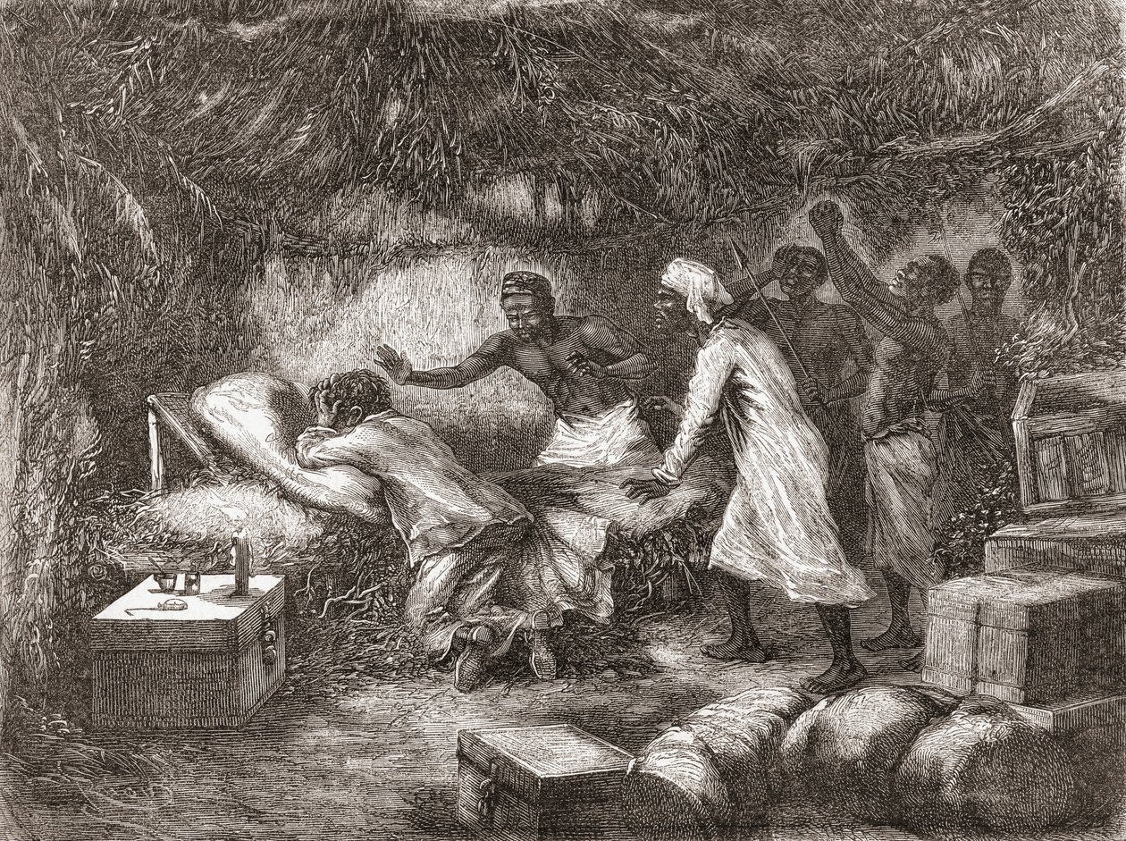 1873年にアフリカのチタンボ村でリヴィングストン博士が亡くなった、「The World intheHands」のイラストが1878年に出版された 作： Edouard Riou