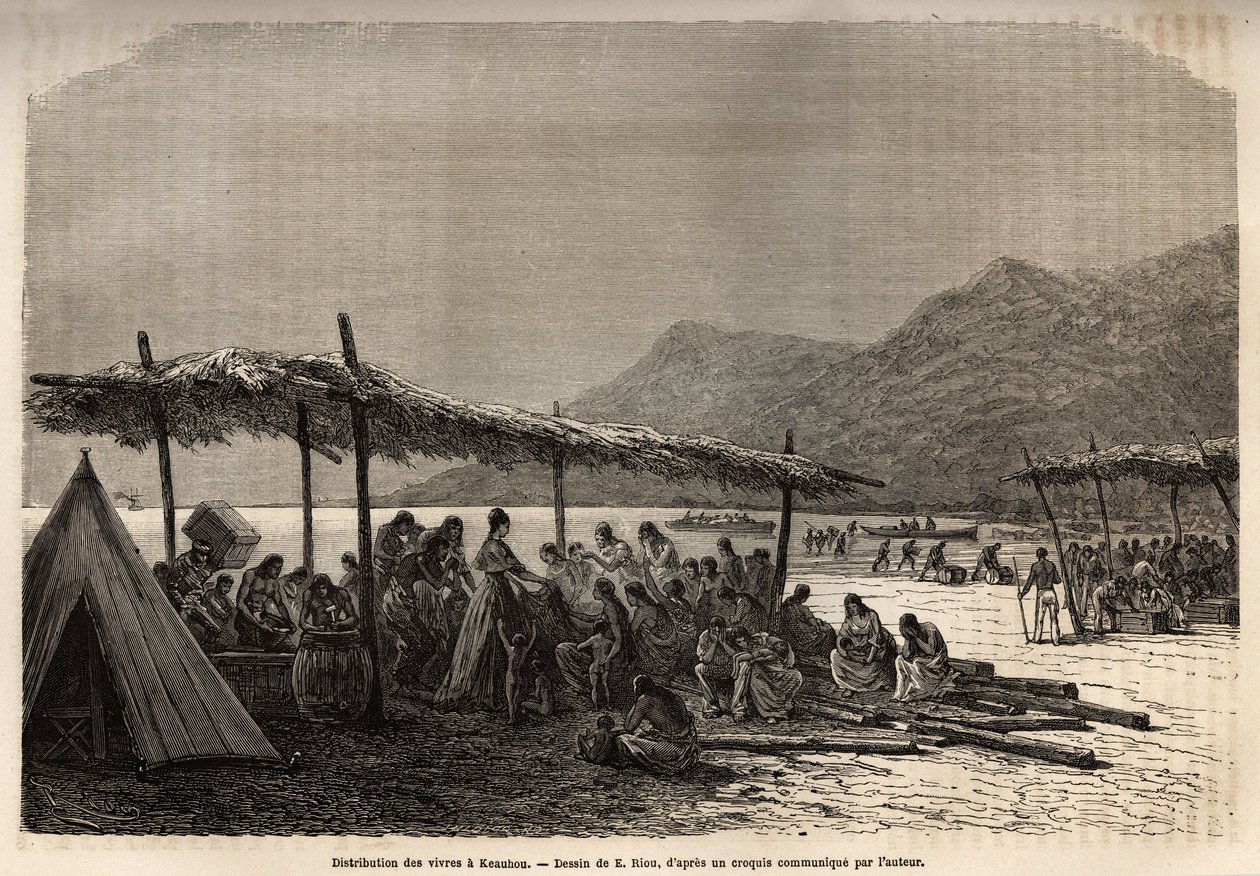 1868年の地震と火山噴火の後、被災者のためにケアウホウで行われた食料の配給。1855年から1869年にかけてのサンドウィッチ諸島への航海を描いたE.Riouの絵の後に、C.de Varignyが彫ったもので、「Le 作： Edouard Riou