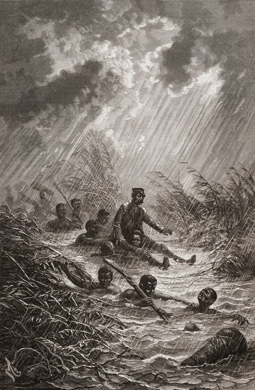 1872年のアフリカへの遠征中にポーターによって沼地に運ばれていたデビッドリビングストン博士。チャールズラプラントが刻んだ「手の中の世界」のイラスト 作： Edouard Riou