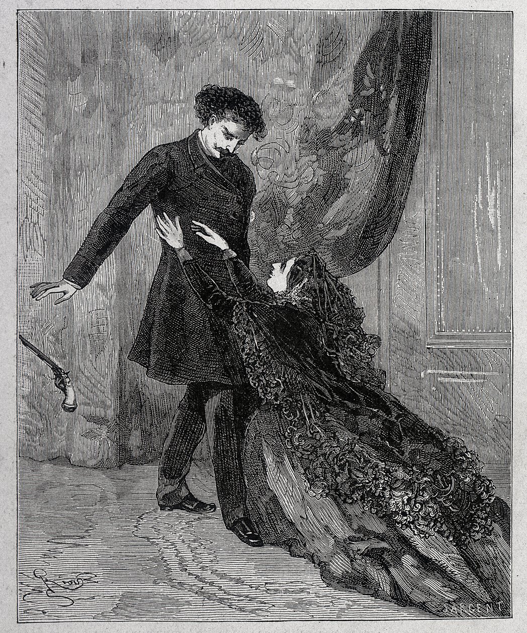 エドモン・ダンテスとメルセデス - アレクサンドル・デュマ(1802-1870)の『モンテ・クリスト伯』(Monte-Cristo)に掲載されたリウのエングレーヴィング。ジュール・ルーフ＆シー社 作： Edouard Riou