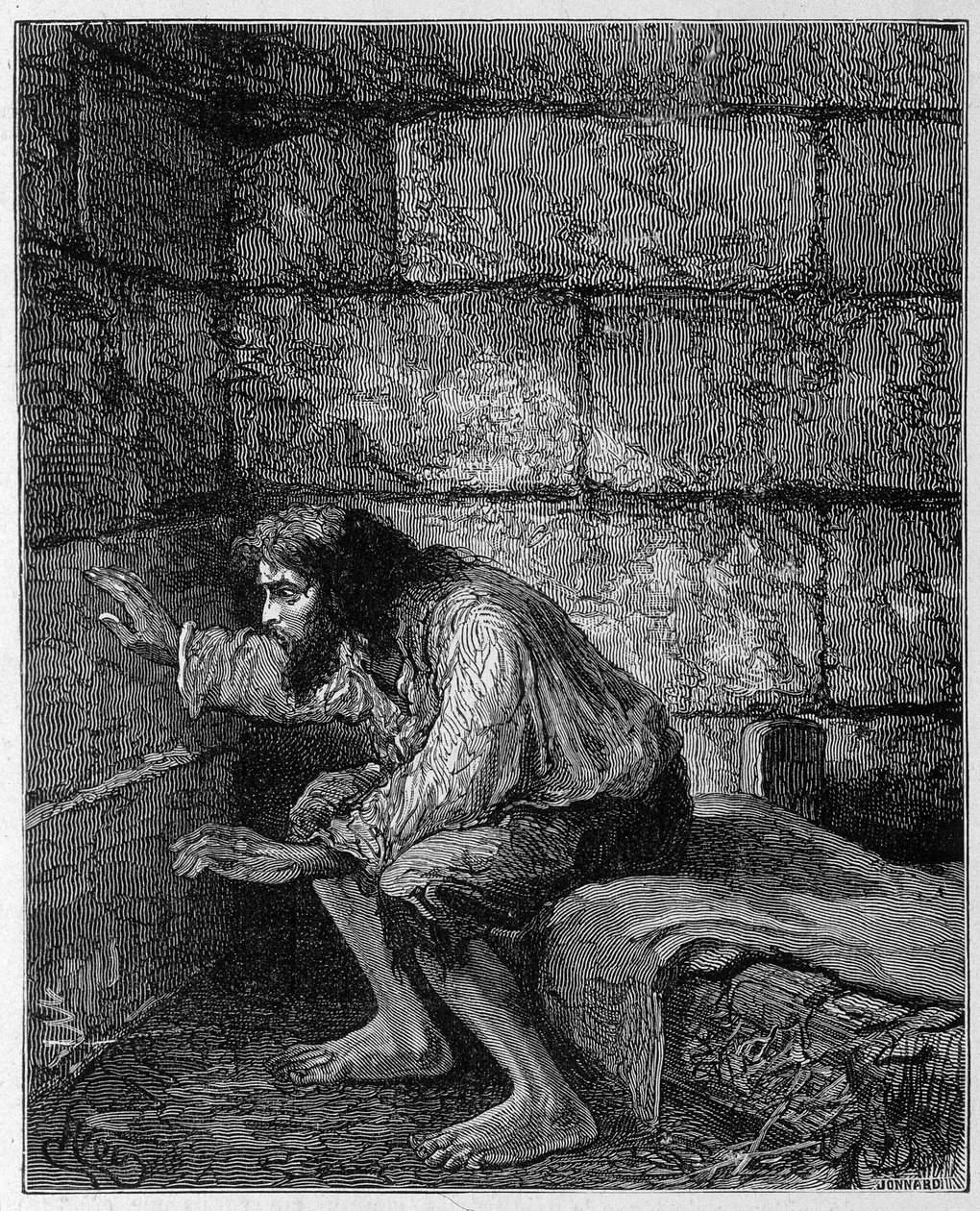 モンテ・クリスト（Monte Cristo）伯爵エドモン・ダンテスの牢獄での様子-アレクサンドル・デュマ著『モンテ・クリスト伯』（Rouff & Cie）に掲載されたRiouのエングレーヴィング。 作： Edouard Riou