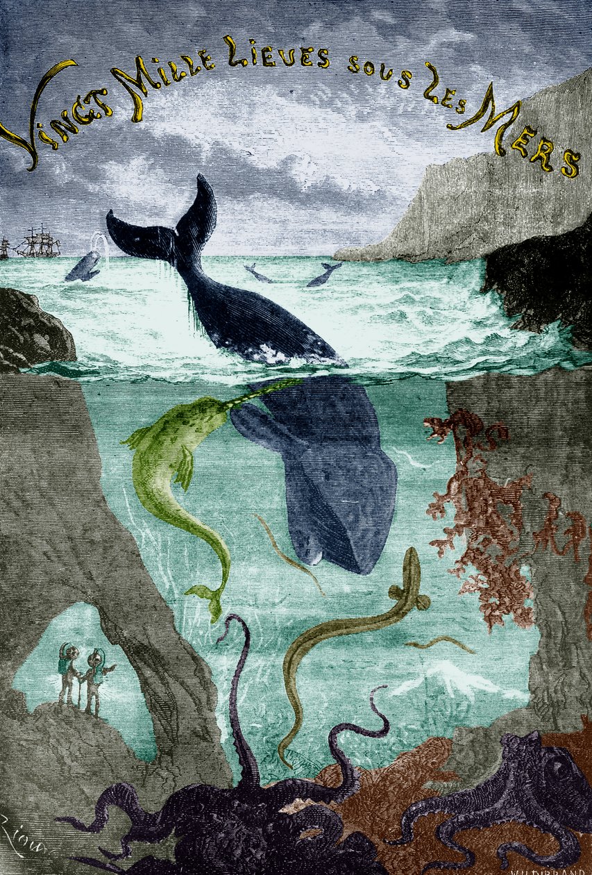 ジュール・ヴェルヌの小説『海底二万里』（1870年）の扉絵、エングレーヴィング、カラー化された文書。 作： Edouard Riou