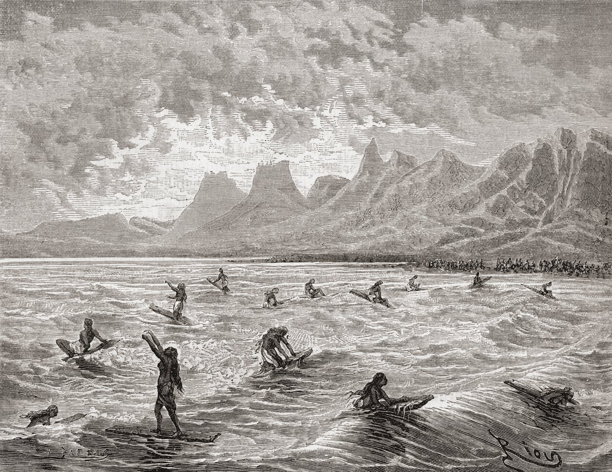 ハワイアンサーフィン、チャールズバーバント（1922年）によって刻まれた「世界の手」からのイラスト、1878年に公開（彫刻） 作： Edouard Riou