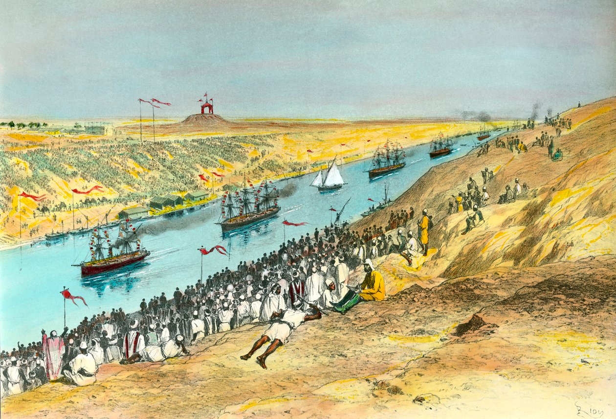 スエズ運河の開通式 紅海と地中海を結ぶために作られた運河。Edouard Riou（1833-1900）によるイラスト 1869年 個人蔵 作： Edouard Riou