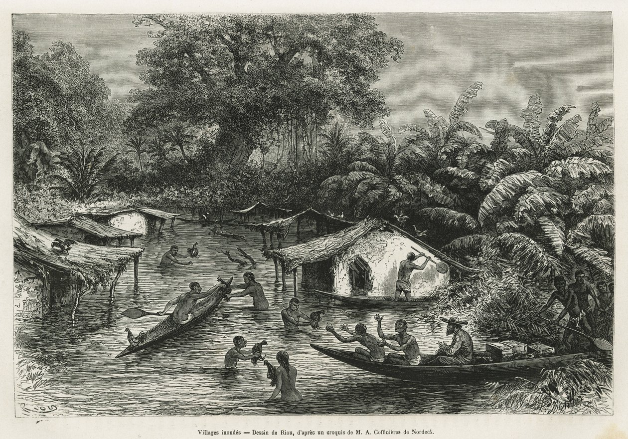 アルフレッド・マルシェが1875年から1877年にかけて行ったガボンとオゴエ川への旅の物語を説明するために、リウが描いたイノンデスの村々。Le tour du monde』に掲載されているエングレーヴィング 作： Edouard Riou