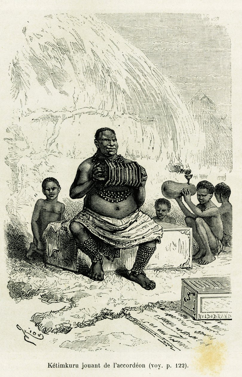 アコルデオンを演奏する部族長のケティムクル。エドゥアール・シャルトン（1807-1890）の指揮の下、1883年から1885年にかけて、船のアンサインを務めたヴィクトール・ジローが、1886年のツアー・デュ・モンドに参加した際の物語「Les lacs de l