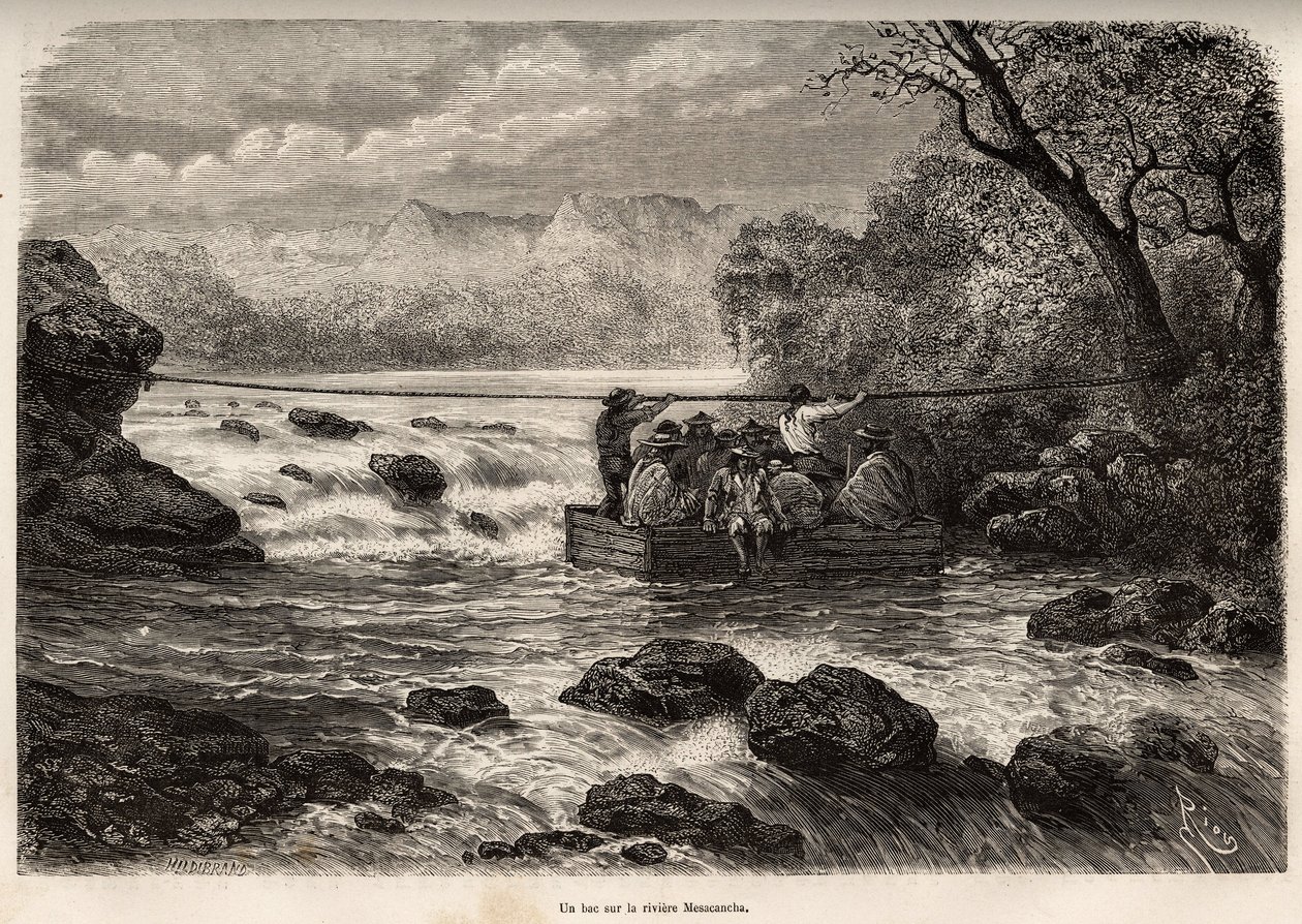 La traversee par le bac de la Riviere Mesacancha (Bas Peru), E.Riouによる1862年から1863年にかけての山地、Huarancalquiの谷、Pjonalの地域での旅を描いたエングレーヴィング、Paul Marcoyによるもの、"Le tour du monde "1875年に掲載。 作： Edouard Riou
