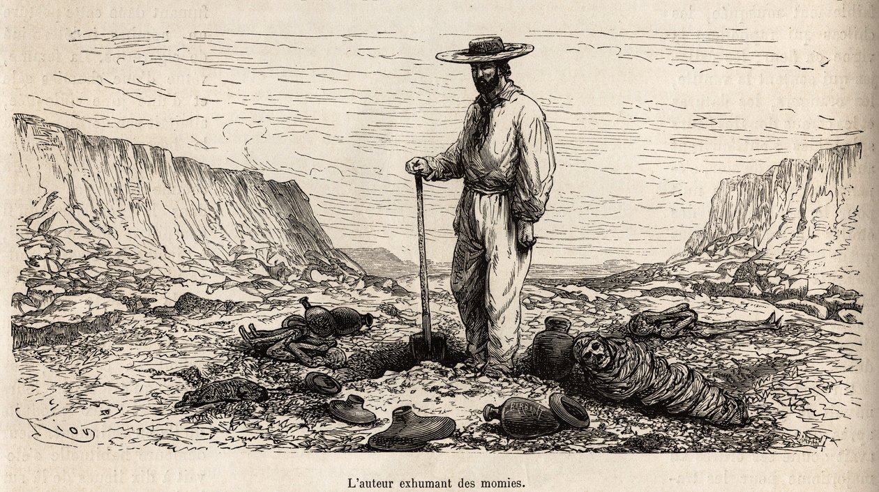 Paul Marcoy exhumant des mummies Incas (Bas Peru) 1862年から1863年にかけてのPaul Marcoyによる山地、Huarancalquiの谷、Pjonalの地域での旅を描いたE.Riouの彫刻、Edouが編集した「Le tour du monde」1875年版に掲載されている。 作： Edouard Riou